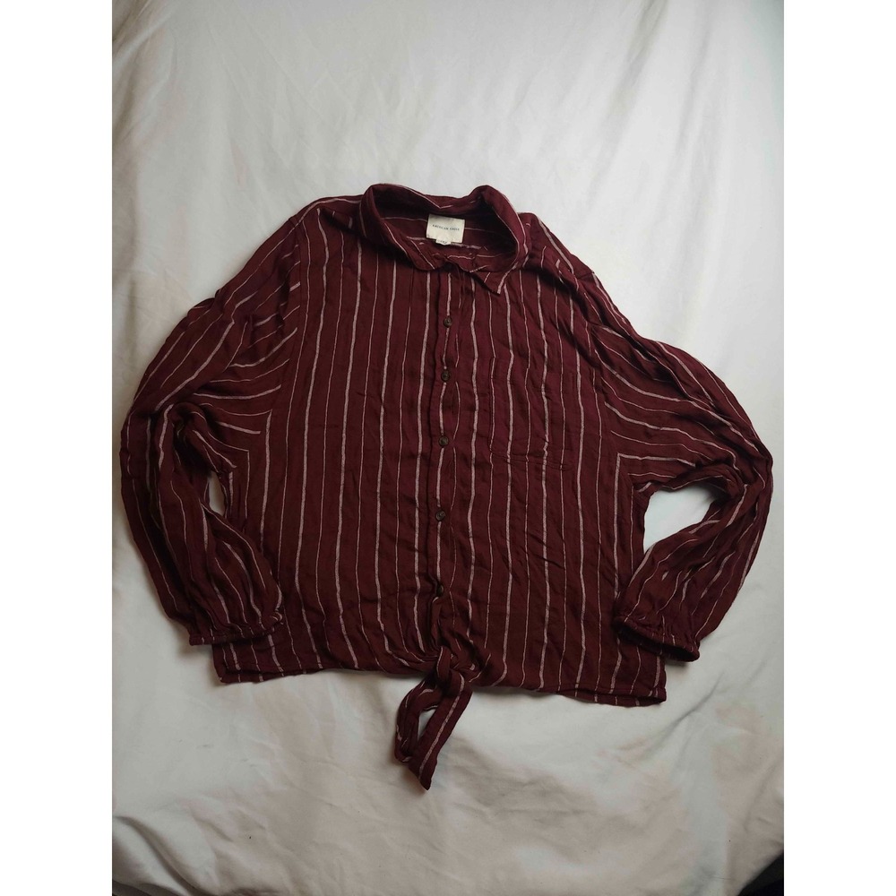 American Eagle Tie Front Blouse Womens Medium Burgundy Striped Long Sleeve Shirt